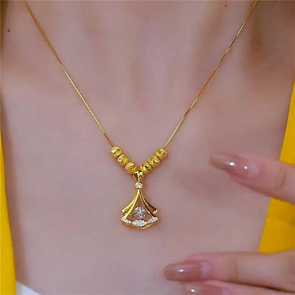 18k Gold Plated Beaded Beats Dancing Zircon Diamond Lucky Ginkgo Leaf Necklace